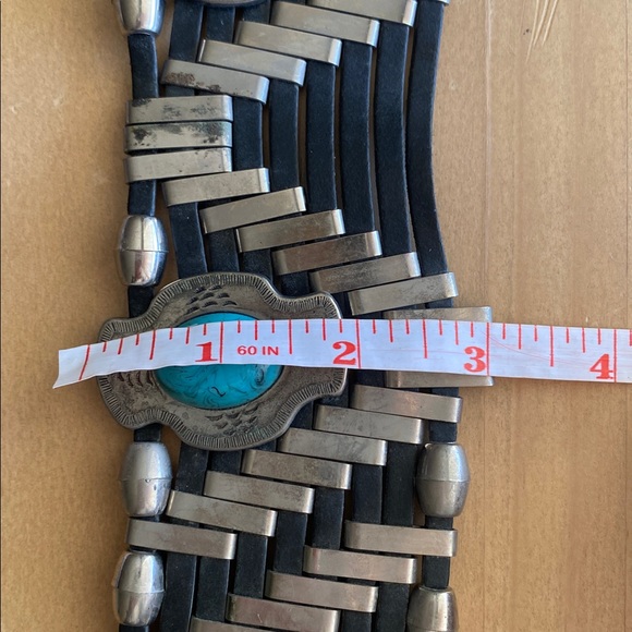 Vintage Leather Turquoise Concho Belt Size M Silver Black Blue Cowgirl Statement - Picture 7 of 8